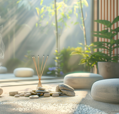 Zen garden with incense and stones.