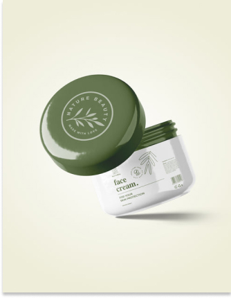 Green-lidded face cream jar, white background.