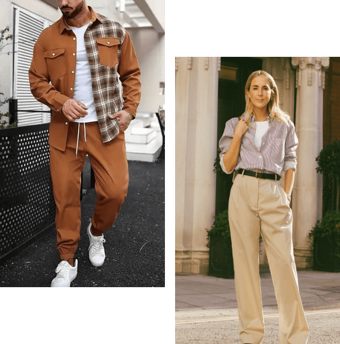 Two people modeling stylish casual outfits.